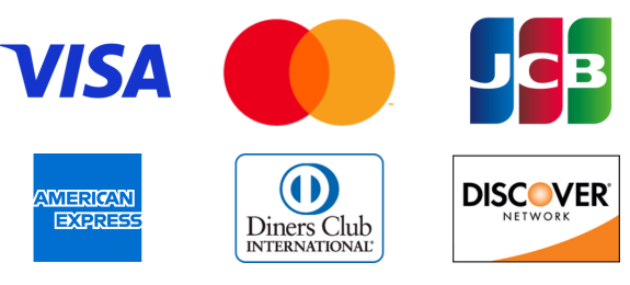 VISA, Master Card, JCB, AMEX, Diners Club, Discover